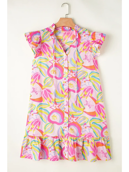 Babe Beachwear pink floral ruffle sleeve mini dress resort with colorful tropical print and button front