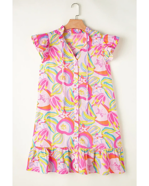 Babe Beachwear pink floral ruffle sleeve mini dress resort with colorful tropical print and button front