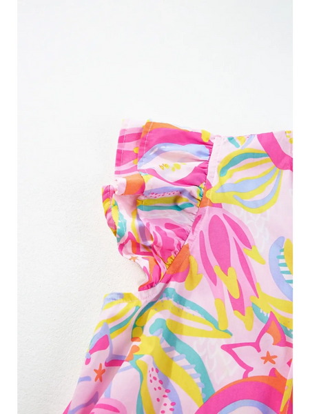 Pink floral ruffle sleeve mini dress resort style from Babe Beachwear with colorful tropical pattern