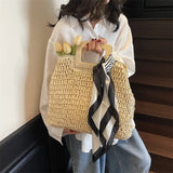 Trendsi woven bag with wooden handle and black and white scarf perfect resort wear accessories for women