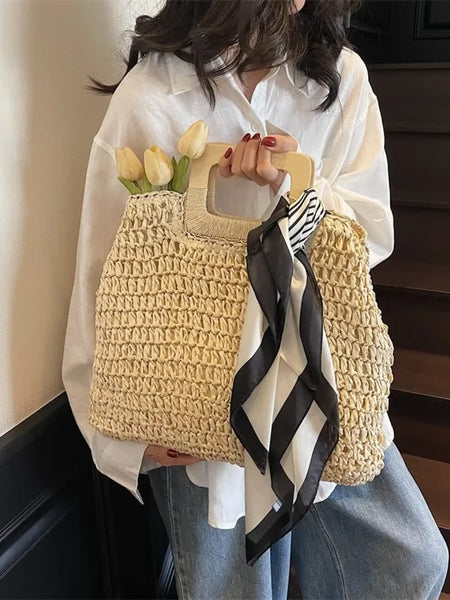 Trendsi woven bag with wooden handle and black and white scarf perfect resort wear accessories for women