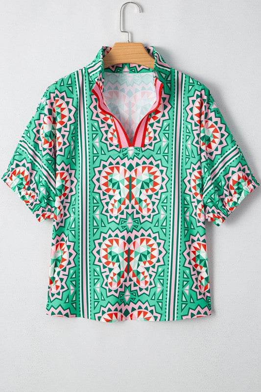 EG fashion resort wear dolman sleeve blouse with green geometric and butterfly print short sleeves