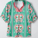 EG fashion resort wear dolman sleeve blouse with green geometric and butterfly print short sleeves