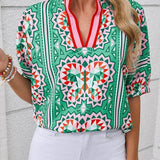 EG fashion resort wear dolman sleeve blouse with colorful geometric butterfly print and short sleeves