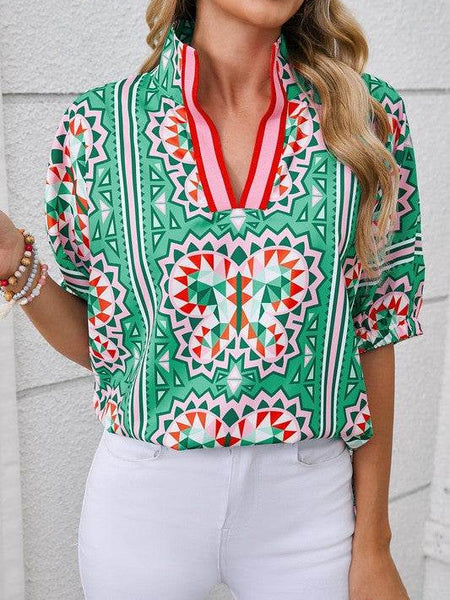 EG fashion resort wear dolman sleeve blouse with colorful geometric butterfly print and short sleeves
