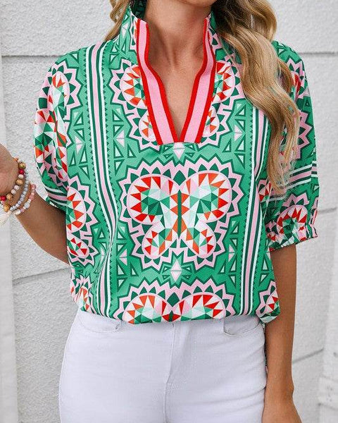 EG fashion resort wear dolman sleeve blouse with colorful geometric butterfly print and short sleeves