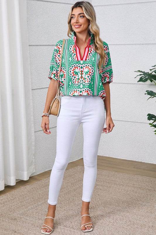 EG fashion resort wear dolman sleeve blouse with green and red print paired with white pants