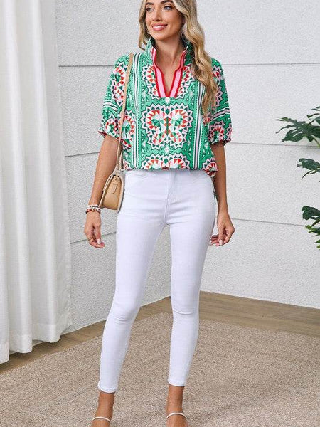EG fashion resort wear dolman sleeve blouse with green and red print paired with white pants