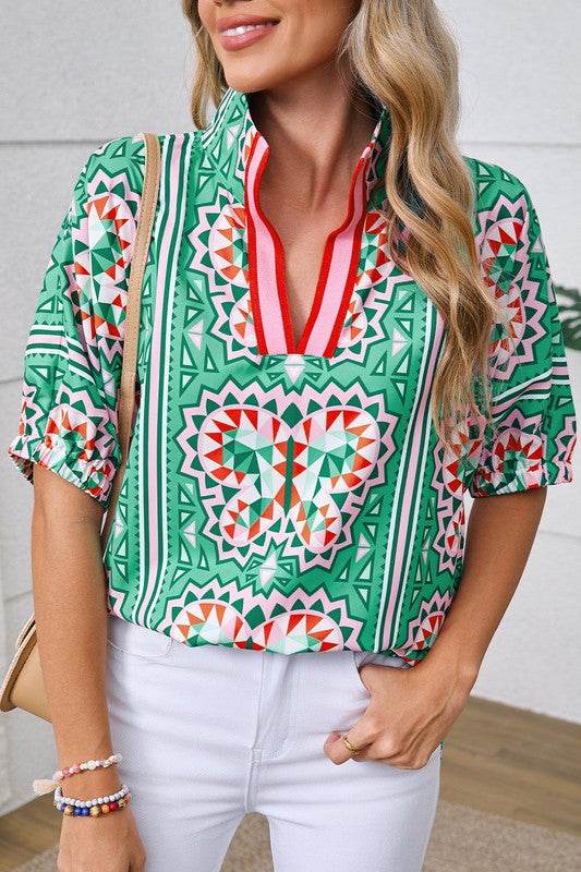 EG fashion resort wear dolman sleeve blouse with green geometric butterfly print and red trim