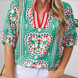 EG fashion resort wear dolman sleeve blouse with green geometric butterfly print and red trim