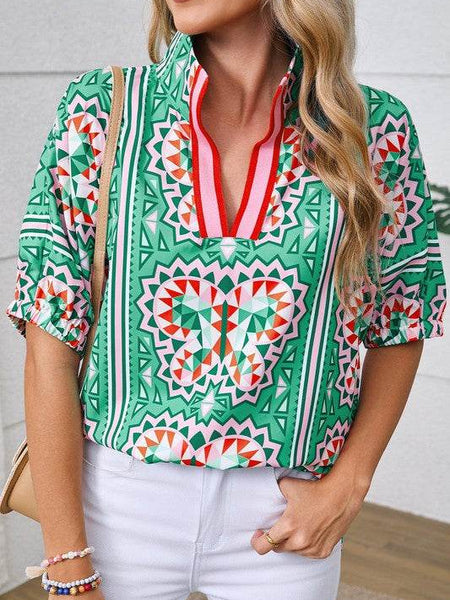 EG fashion resort wear dolman sleeve blouse with green geometric butterfly print and red trim