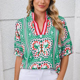 EG fashion resort wear dolman sleeve blouse with vibrant butterfly and geometric print