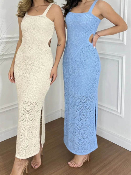 white and bluesCrochet Midi Dress with Side Cut-Outs - Beach Babes Beachwear - Fort Lauderdale