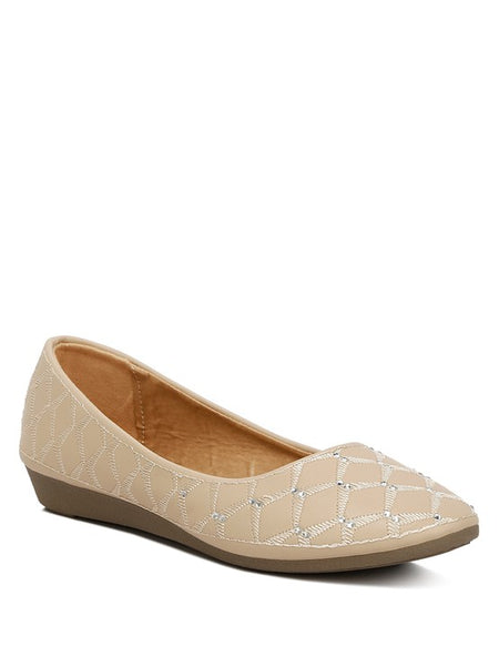 Rag Company rhinestone ballet flats for women in beige with geometric pattern and low wedge heel