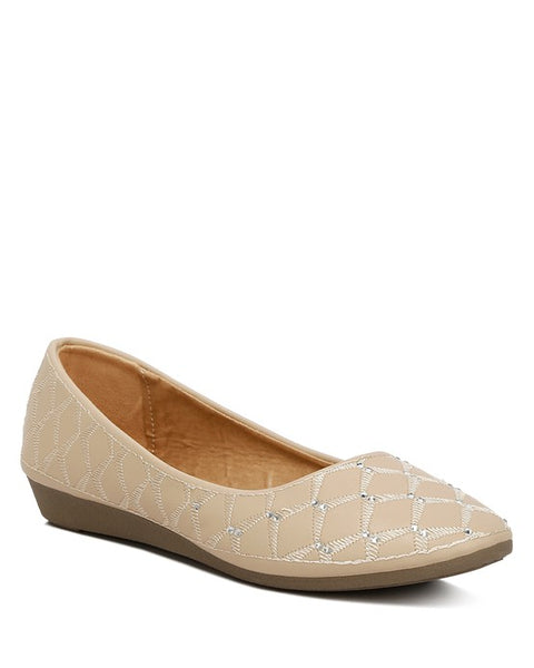 Rag Company rhinestone ballet flats for women in beige with geometric pattern and low wedge heel
