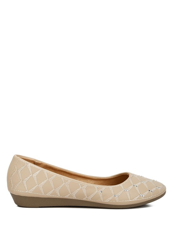 Rag Company beige rhinestone ballet flats for women with quilted pattern and low heel