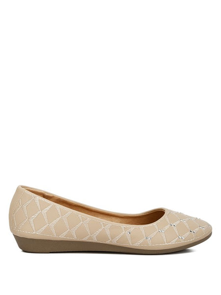 Rag Company beige rhinestone ballet flats for women with quilted pattern and low heel