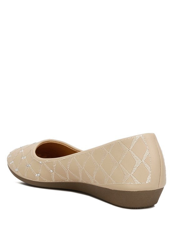 Rag Company beige rhinestone ballet flats for women with quilted pattern and low wedge sole