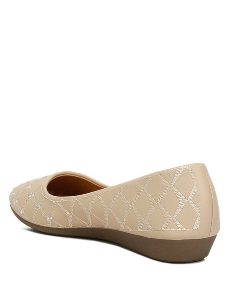 Rag Company beige rhinestone ballet flats for women with quilted pattern and low wedge sole