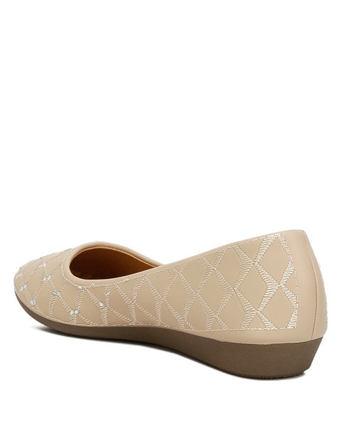 Rag Company beige rhinestone ballet flats for women with quilted pattern and low wedge sole
