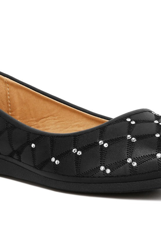 Rag Company black rhinestone ballet flats for women with quilted pattern and cushioned interior