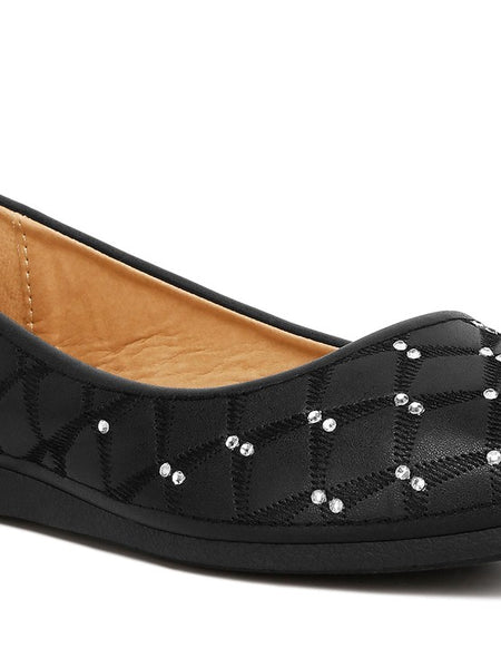 Rag Company black rhinestone ballet flats for women with quilted pattern and cushioned interior