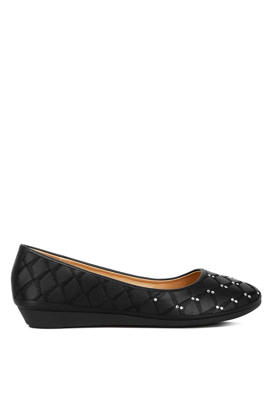 Black rhinestone ballet flats for women by Rag Company with quilted pattern and small wedge heel