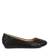 Black rhinestone ballet flats for women by Rag Company with quilted pattern and small wedge heel