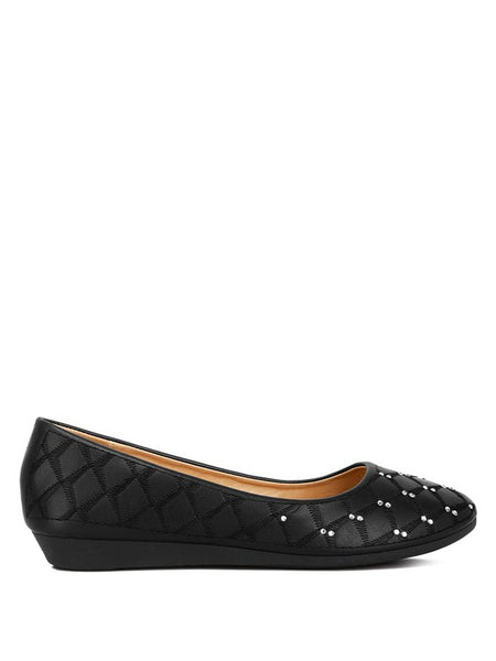 Black rhinestone ballet flats for women by Rag Company with quilted pattern and small wedge heel