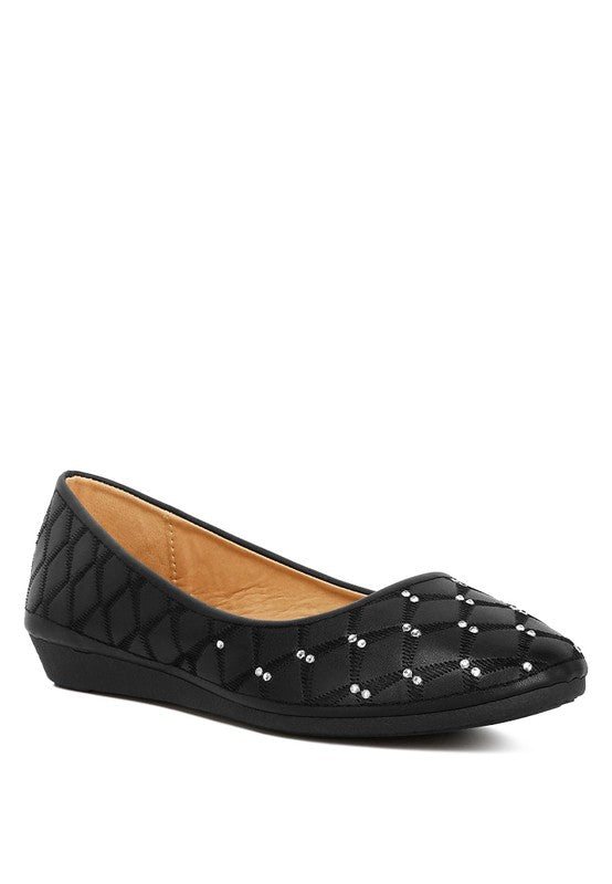 Rag Company black rhinestone ballet flats for women with quilted pattern and low wedge heel