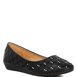 Rag Company black rhinestone ballet flats for women with quilted pattern and low wedge heel