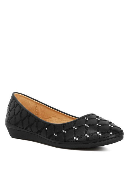 Rag Company black rhinestone ballet flats for women with quilted pattern and low wedge heel