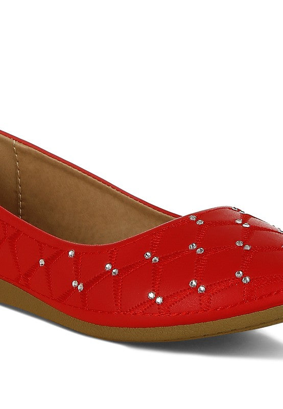 Rag Company red rhinestone ballet flats for women with quilted pattern and comfortable sole