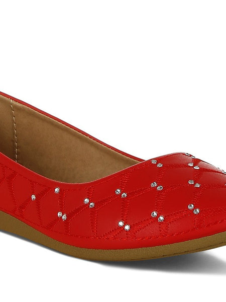 Rag Company red rhinestone ballet flats for women with quilted pattern and comfortable sole