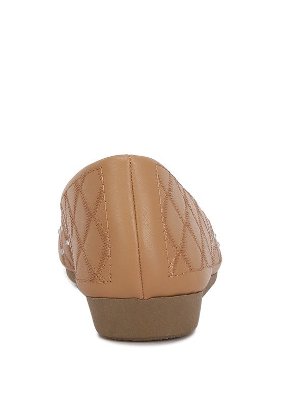 Rag Company tan rhinestone ballet flats for women with quilted pattern and low heel