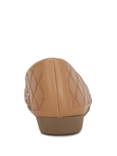 Rag Company tan rhinestone ballet flats for women with quilted pattern and low heel
