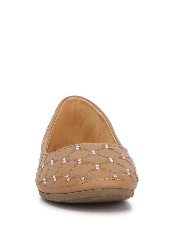 Rag Company tan rhinestone ballet flats for women with quilted pattern and flat sole