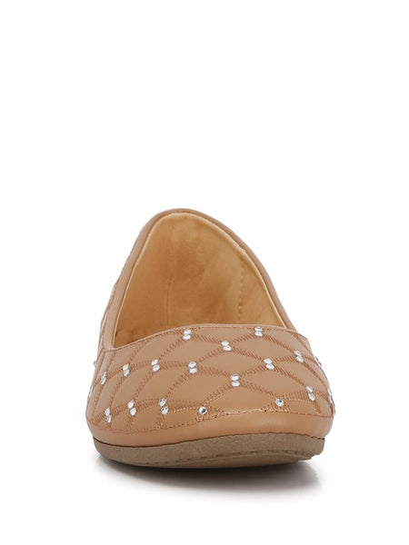 Rag Company tan rhinestone ballet flats for women with quilted pattern and flat sole