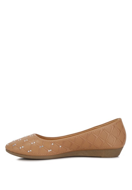 Rag Company tan rhinestone ballet flats for women with quilted pattern and low wedge heel