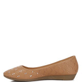 Rag Company tan rhinestone ballet flats for women with quilted pattern and low wedge heel