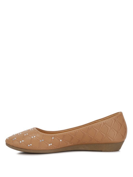 Rag Company tan rhinestone ballet flats for women with quilted pattern and low wedge heel