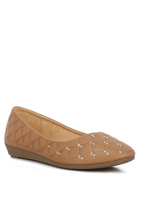 Rag Company tan rhinestone ballet flats for women with quilted design and low wedge heel
