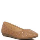 Rag Company tan rhinestone ballet flats for women with quilted design and low wedge heel
