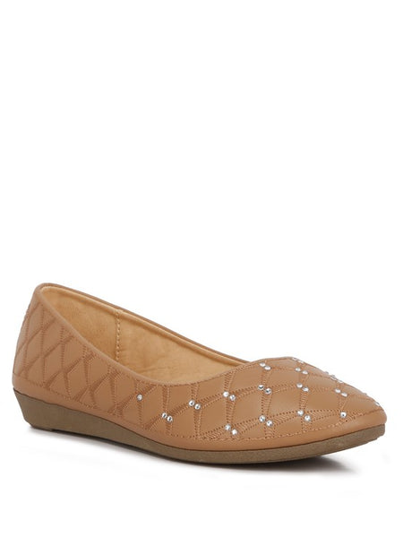 Rag Company tan rhinestone ballet flats for women with quilted design and low wedge heel