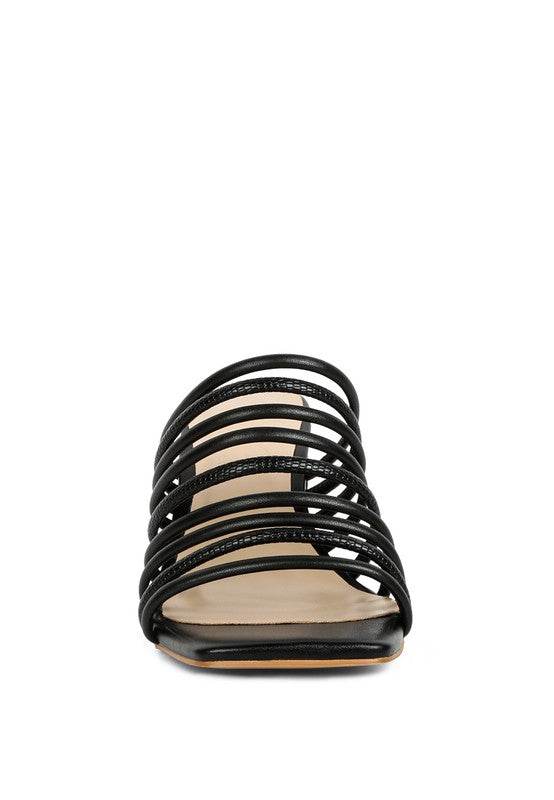Babe Beachwear black chic summer heeled sandals with multiple thin straps and a square toe