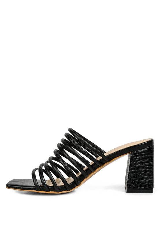 Black chic summer heeled sandals by Babe Beachwear featuring multiple straps and block heel