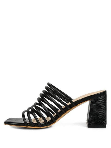 Black chic summer heeled sandals by Babe Beachwear featuring multiple straps and block heel