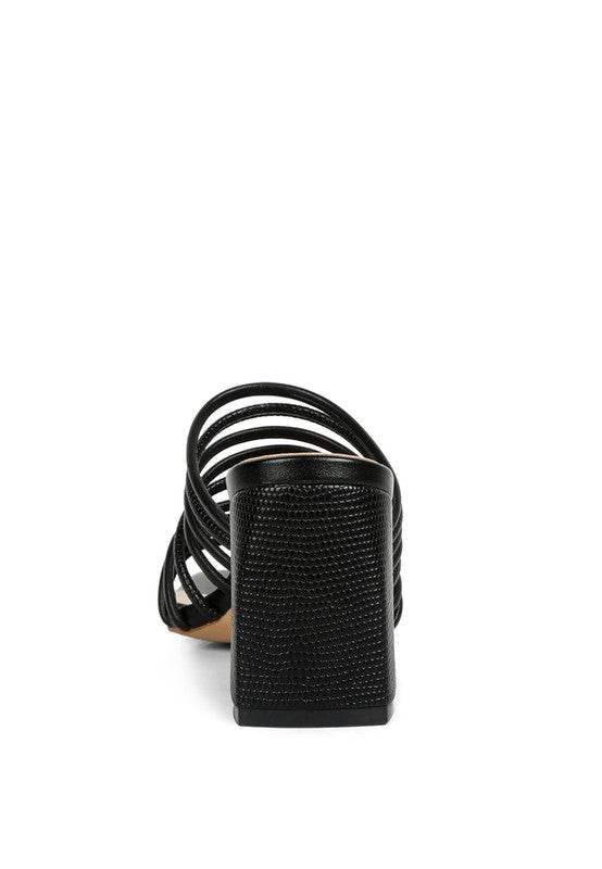 Babe Beachwear black chic summer heeled sandals with textured block heel and multi-strap design