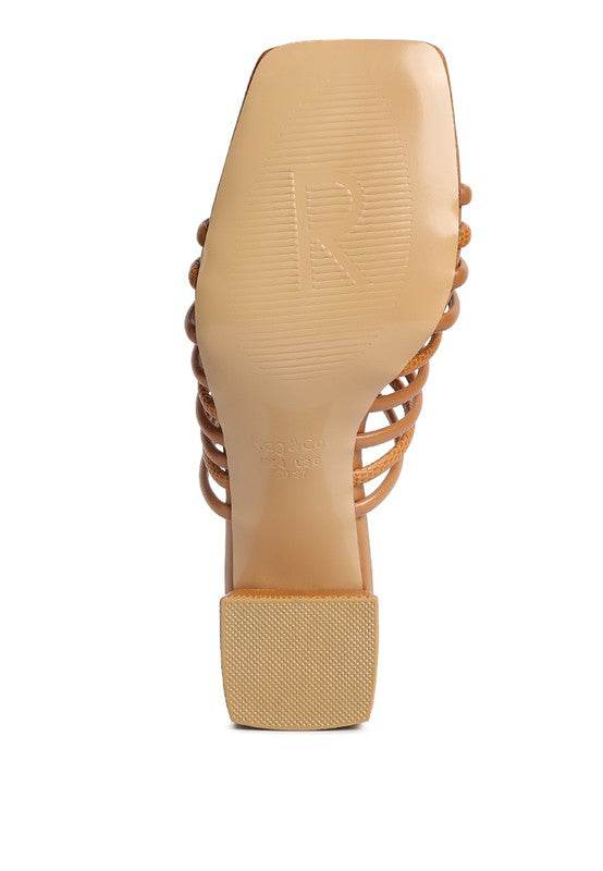 Bottom view of Babe Beachwear chic summer heeled sandals with square toe and block heel in tan color