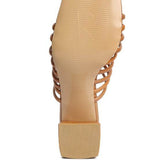 Bottom view of Babe Beachwear chic summer heeled sandals with square toe and block heel in tan color